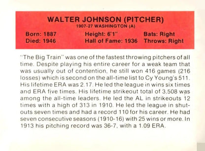 1987 Hygrade All-Time Greats NNO Walter Johnson baseball card with career stats and bio