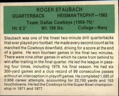1987 Hygrade Football’s All-Time Greats #NNO Roger Staubach - Football Card Single