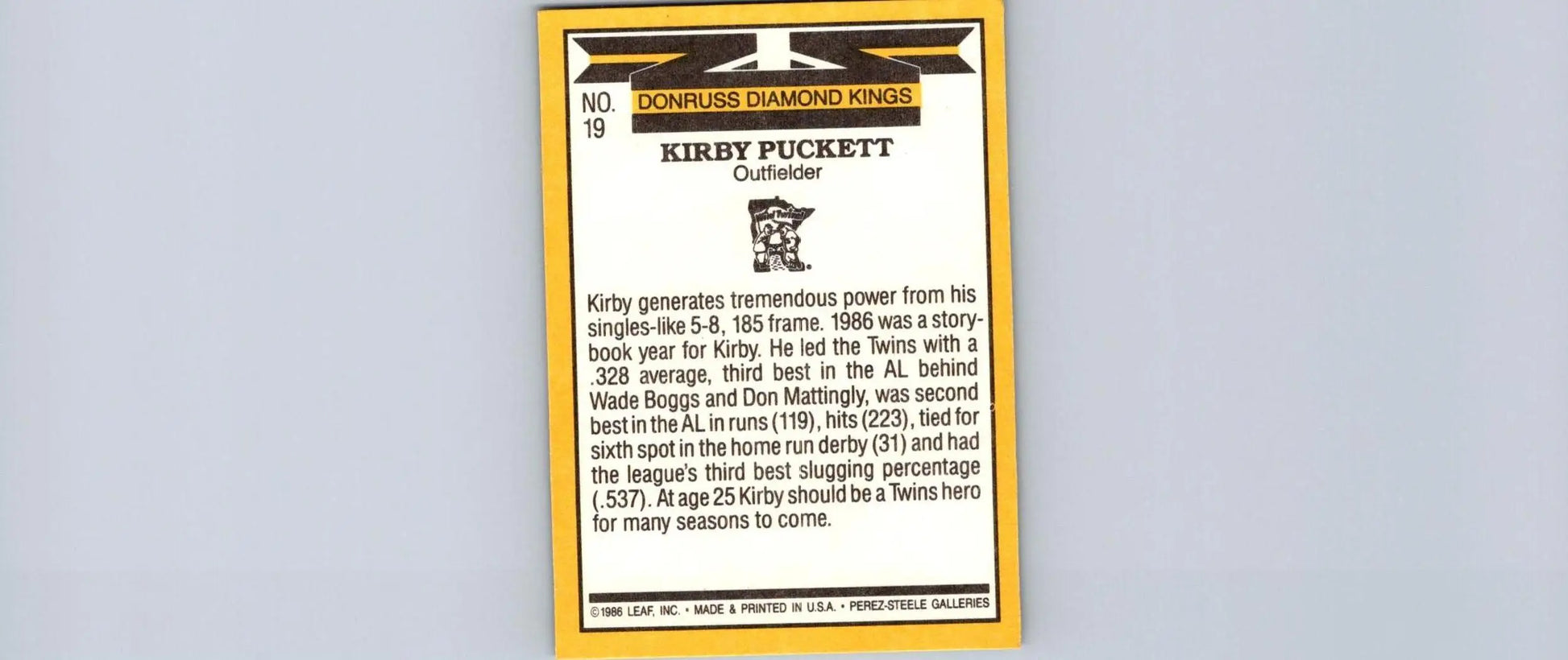 Kirby Puckett baseball card from 1987 Leaf #19 for trading cards collectors