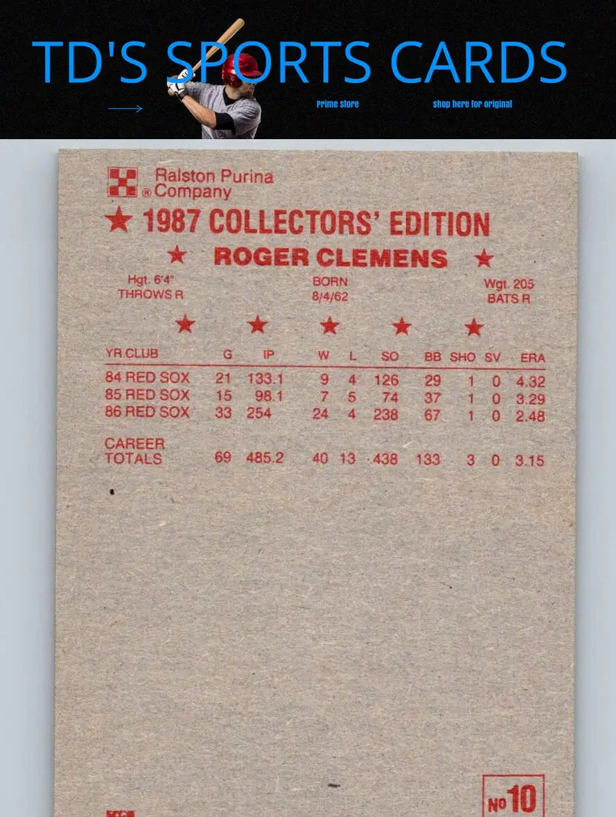 Roger Clemens baseball card from 1987 Ralston Purina collection