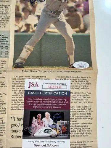 Ruben Sierra signed newspaper clipping with JSA certification for baseball collectors