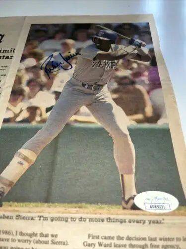 Autographed newspaper clipping of Ruben Sierra in 1987 signed JSA certified display