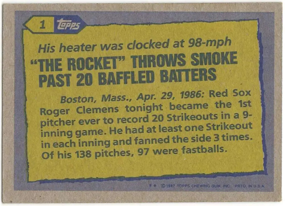 1987 Topps #1 Roger Clemens EX Excellent Boston Red Sox Baseball Card - Baseball Card Single