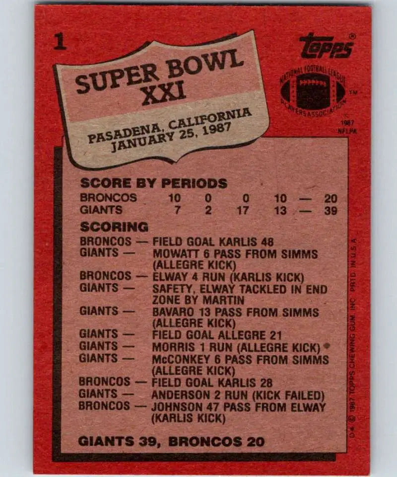 1987 Topps #1 Super Bowl XXI EX Excellent New York Giants Football Card - Football Card Single
