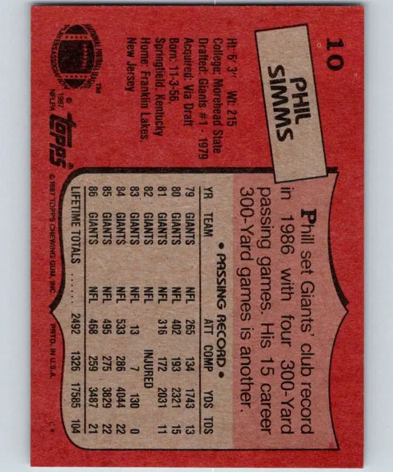 1987 Topps #10 Phil Simms EX Excellent New York Giants Football Card - Football Card Single