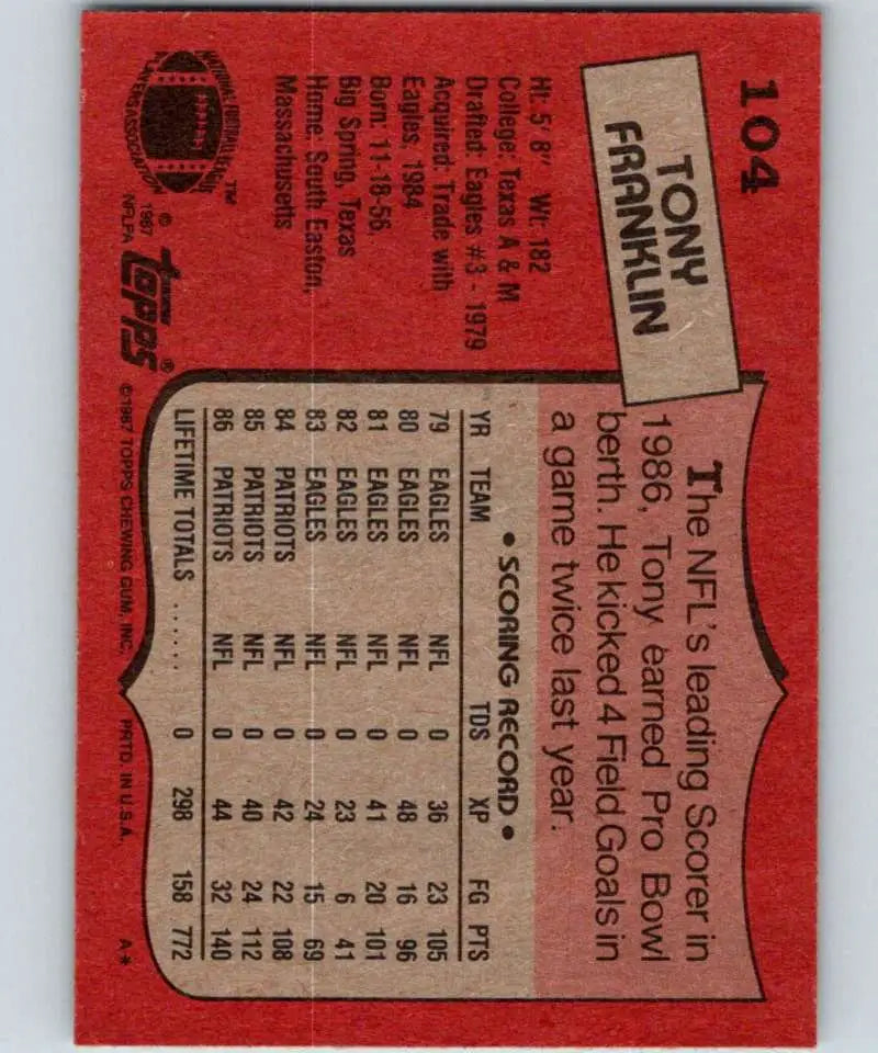 1987 Topps #104 Tony Franklin EX Excellent New England Patriots Football Card - Football Card Single