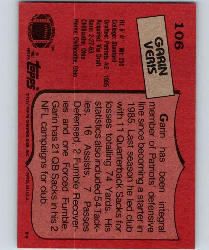 1987 Topps #106 Garin Veris EX Excellent New England Patriots Football Card - Football Card Single