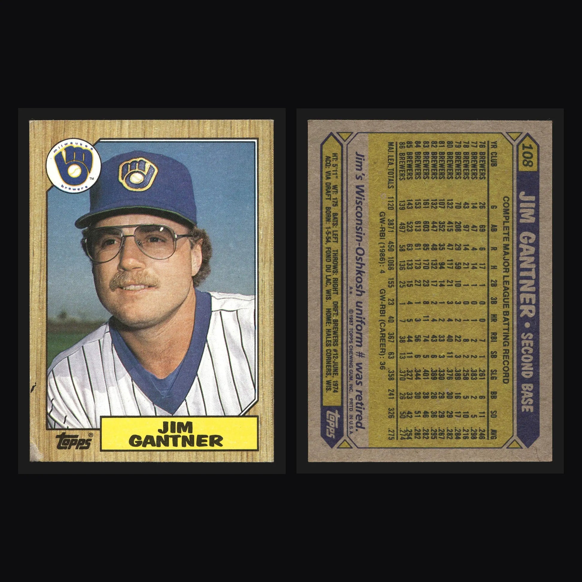 1987 Topps #108 Jim Gantner Milwaukee Brewers - Baseball Card Single