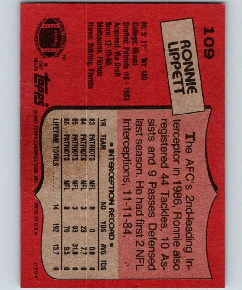1987 Topps #109 Ronnie Lippett EX Excellent RC Rookie New England Patriots Football Card - Football Card Single