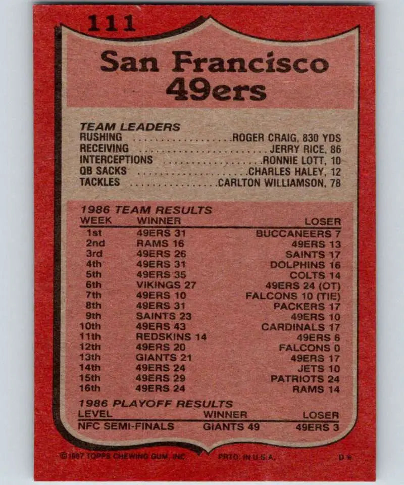 1987 Topps #111 Roger Craig EX Excellent San Francisco 49ers Football Card - Football Card Single