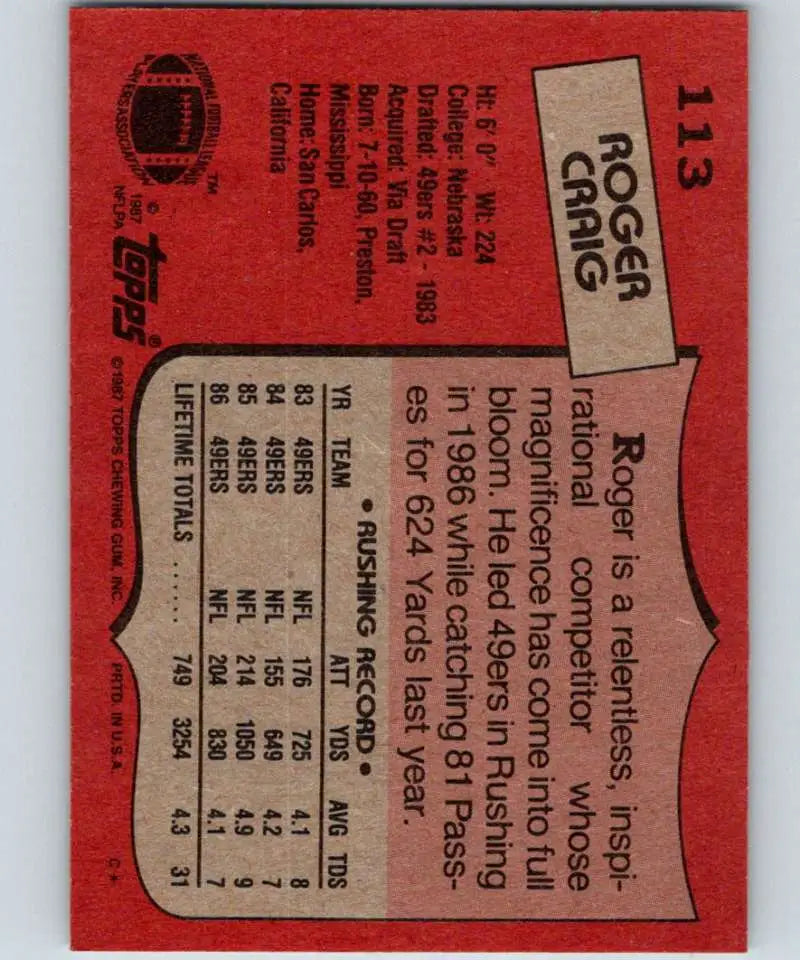 1987 Topps #113 Roger Craig EX Excellent San Francisco 49ers Football Card - Football Card Single