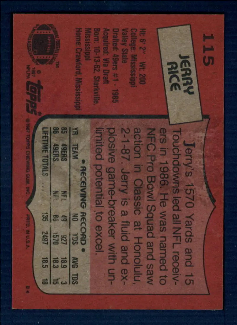 1987 Topps #115 Jerry Rice EX Excellent San Francisco 49ers Football Card - Football Card Single