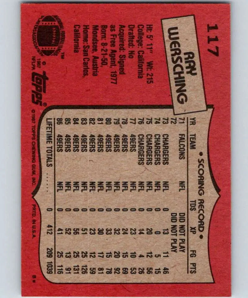1987 Topps #117 Ray Wersching EX Excellent San Francisco 49ers Football Card - Football Card Single