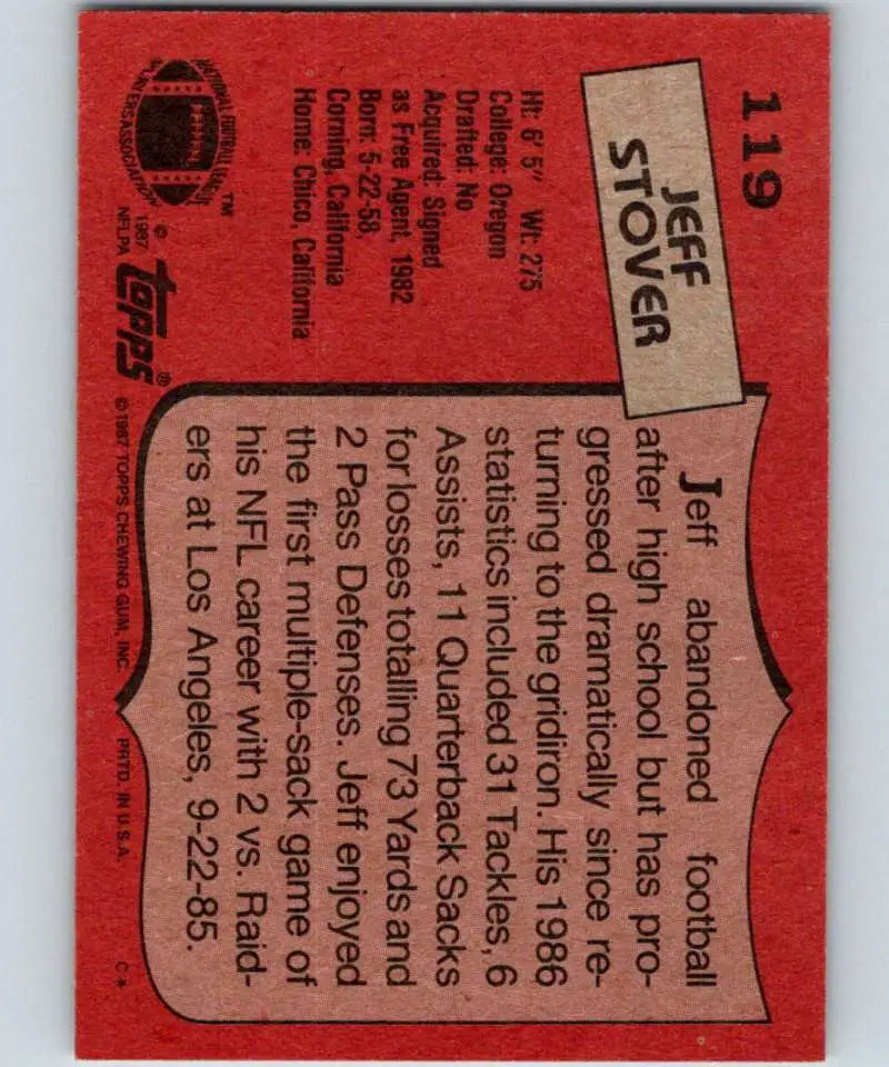 1987 Topps #119 Jeff Stover EX Excellent San Francisco 49ers Football Card - Football Card Single