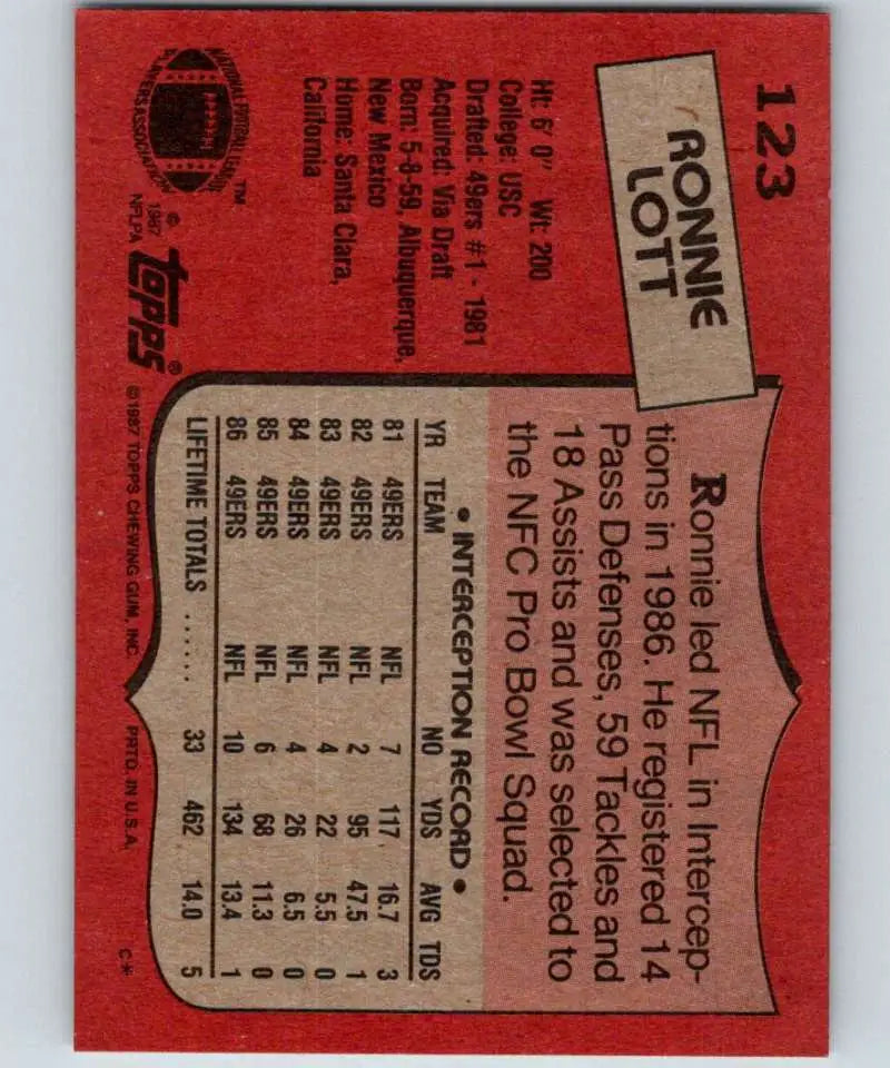 1987 Topps #123 Ronnie Lott EX Excellent San Francisco 49ers Football Card - Football Card Single