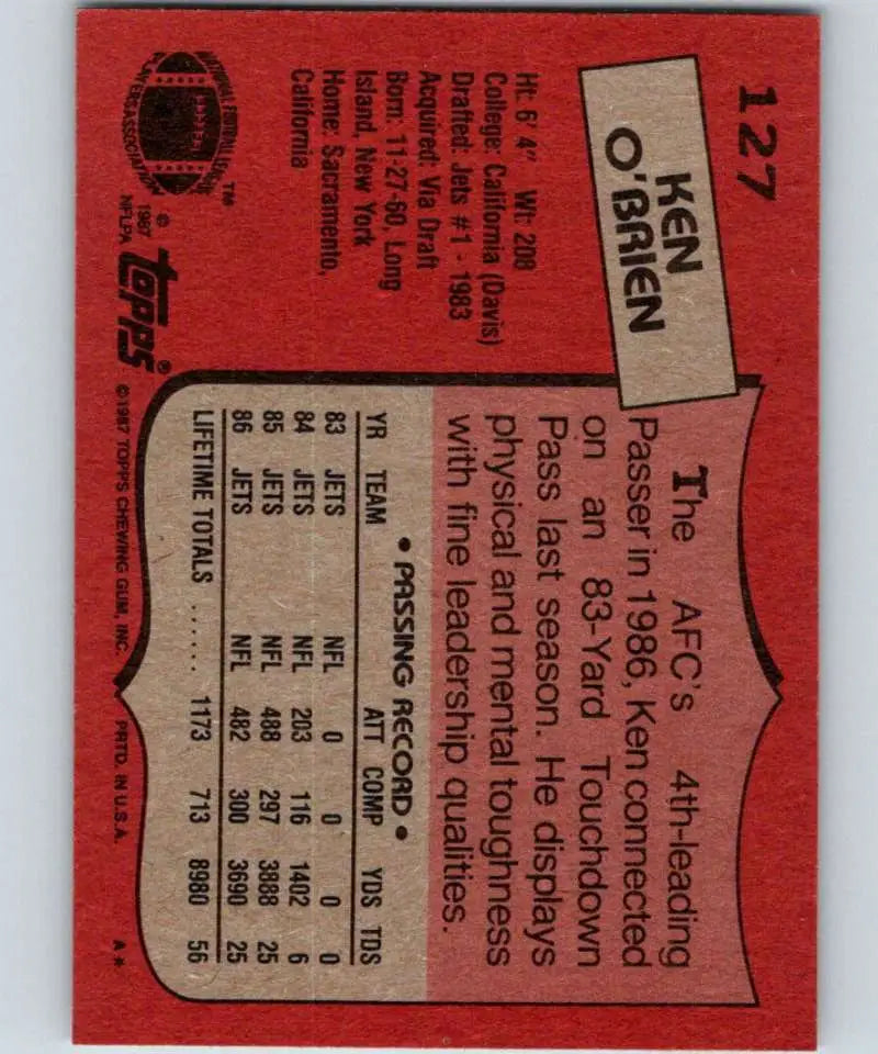 1987 Topps #127 Ken O’Brien EX Excellent New York Jets Football Card - Football Card Single