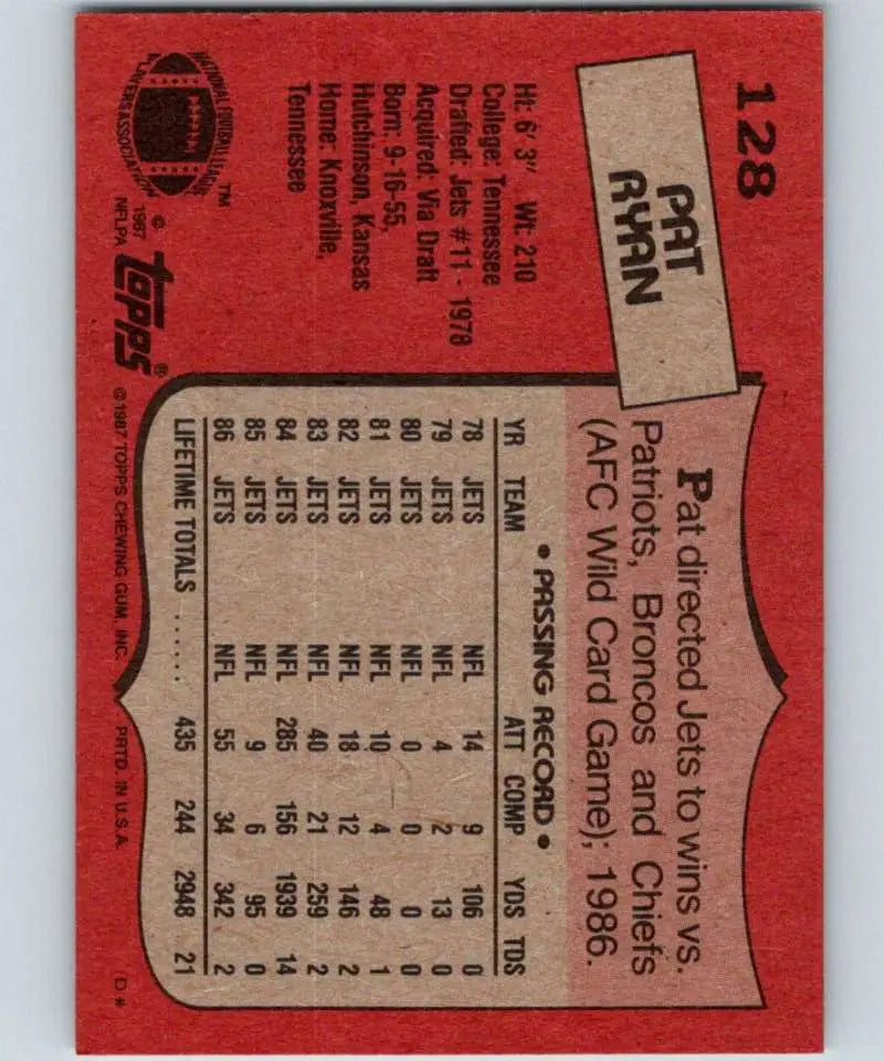1987 Topps #128 Pat Ryan EX Excellent New York Jets Football Card - Football Card Single