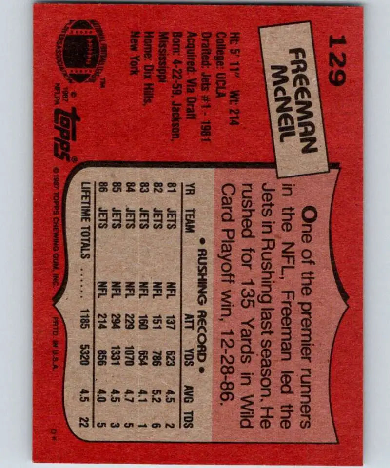 1987 Topps #129 Freeman McNeil EX Excellent New York Jets Football Card - Football Card Single