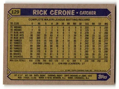 Original gloss Rick Cerone Milwaukee Brewers baseball card from 1987 Topps #129