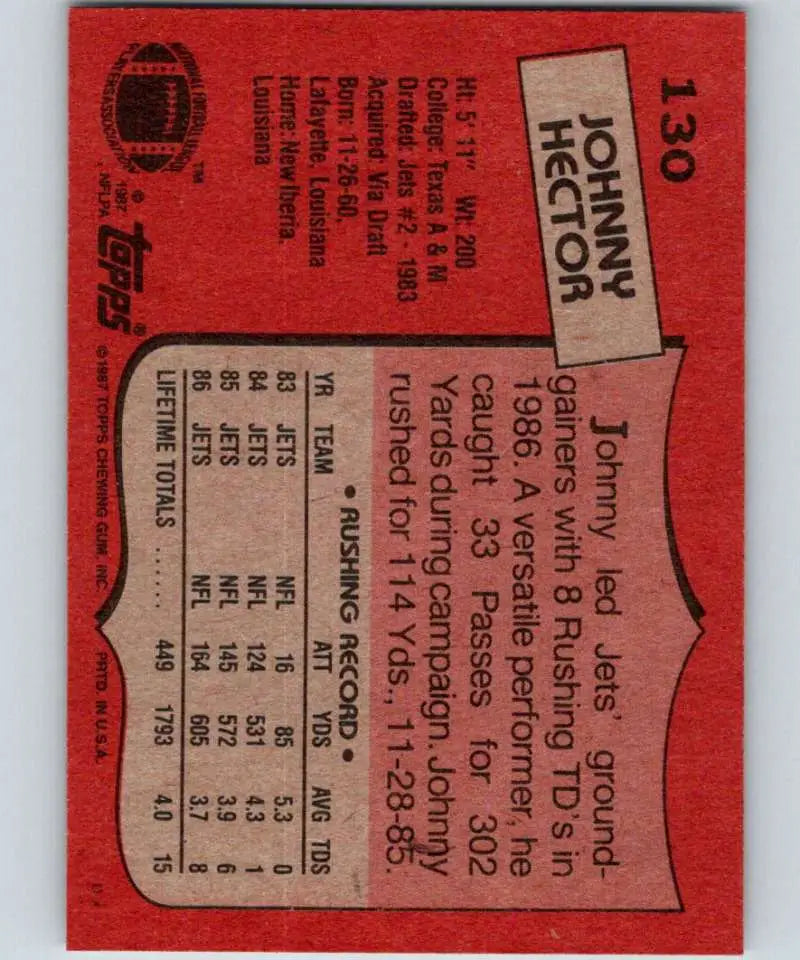 1987 Topps #130 Johnny Hector EX Excellent RC Rookie New York Jets Football Card - Football Card Single