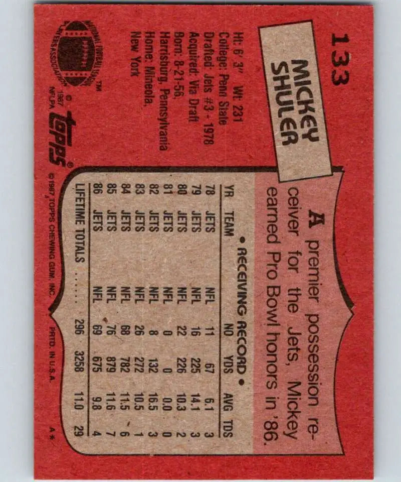 1987 Topps #133 Mickey Shuler EX Excellent New York Jets Football Card - Football Card Single
