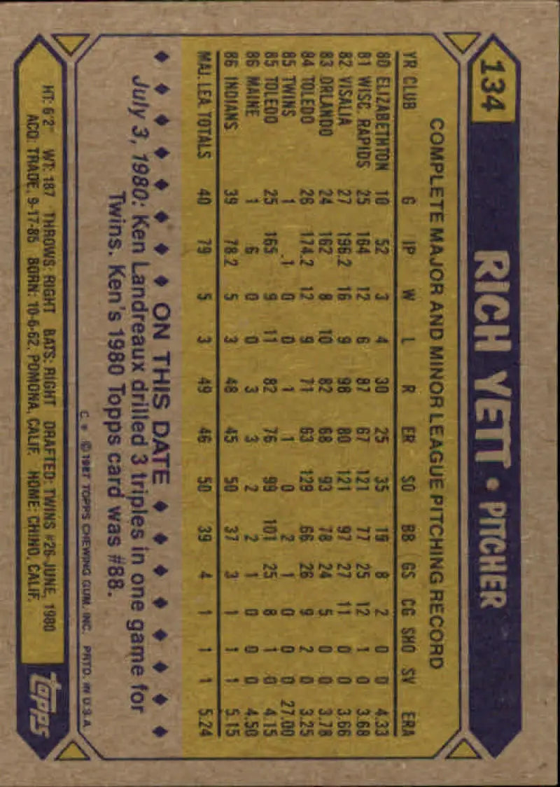 1987 Topps #134 Rich Yett EX Excellent Cleveland Indians Baseball Card - Baseball Card Single