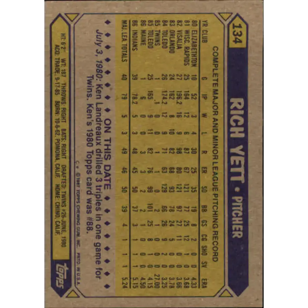 1987 Topps #134 Rich Yett EX Excellent Cleveland Indians Baseball Card - Baseball Card Single
