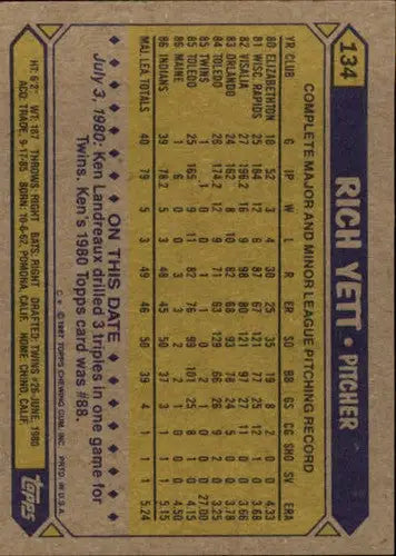 Vintage baseball card of 1987 Topps Rich Yett Indians with original gloss