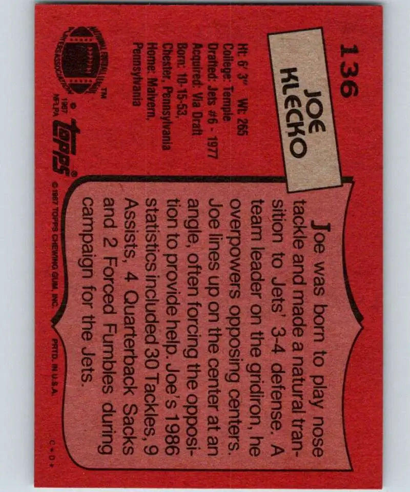 1987 Topps #136 Joe Klecko EX Excellent New York Jets Football Card - Football Card Single