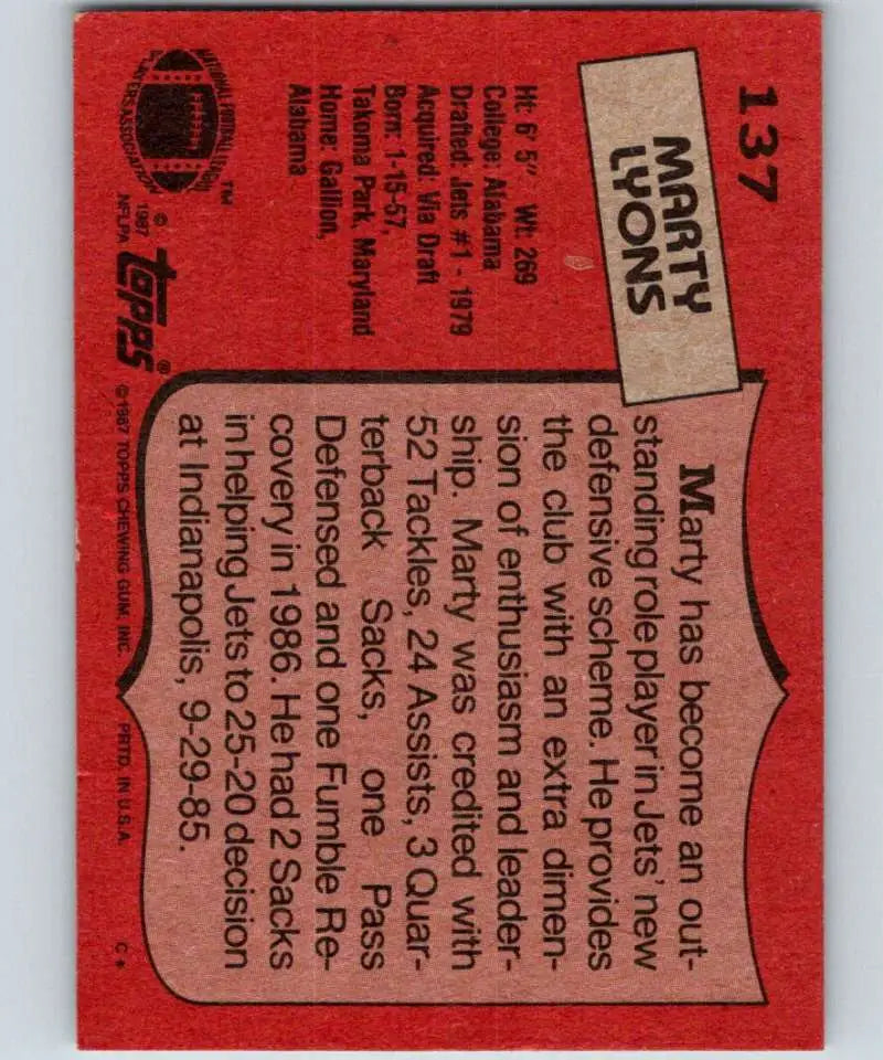 1987 Topps #137 Marty Lyons EX Excellent New York Jets Football Card - Football Card Single