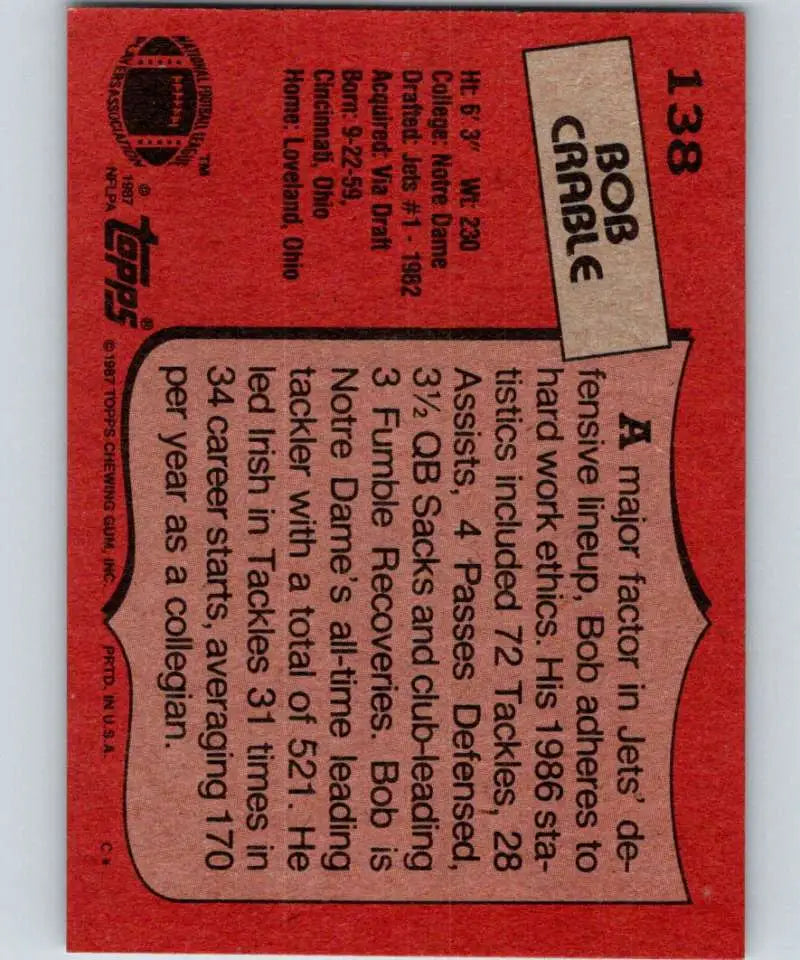 1987 Topps #138 Bob Crable EX Excellent New York Jets Football Card - Football Card Single
