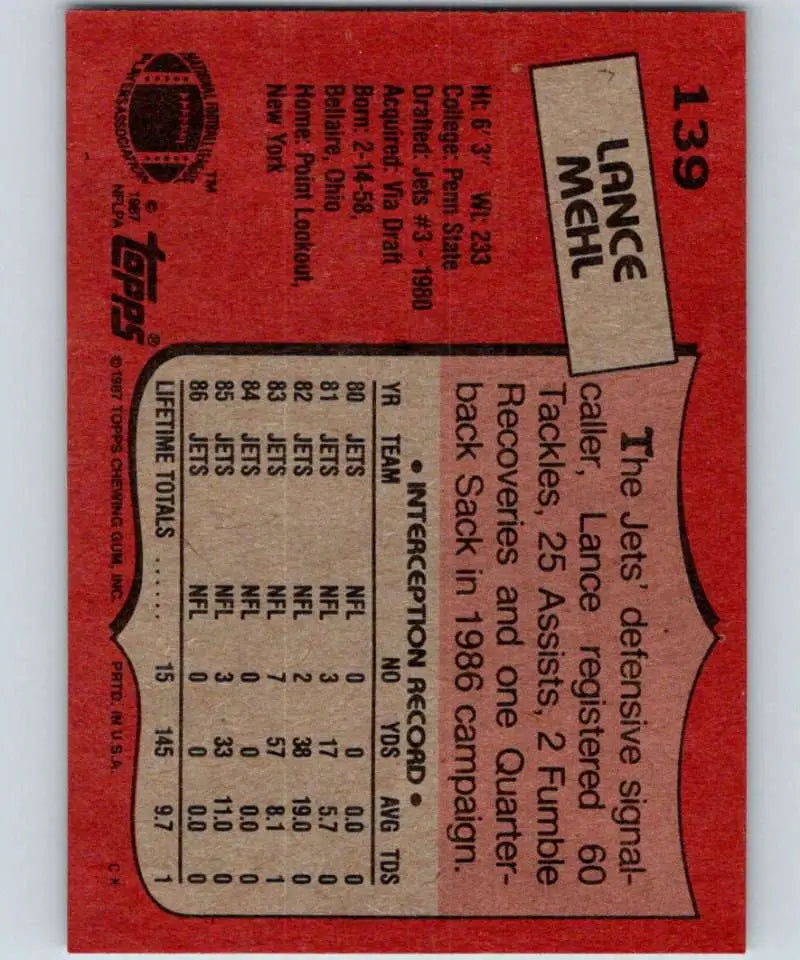 1987 Topps #139 Lance Mehl EX Excellent New York Jets Football Card - Football Card Single