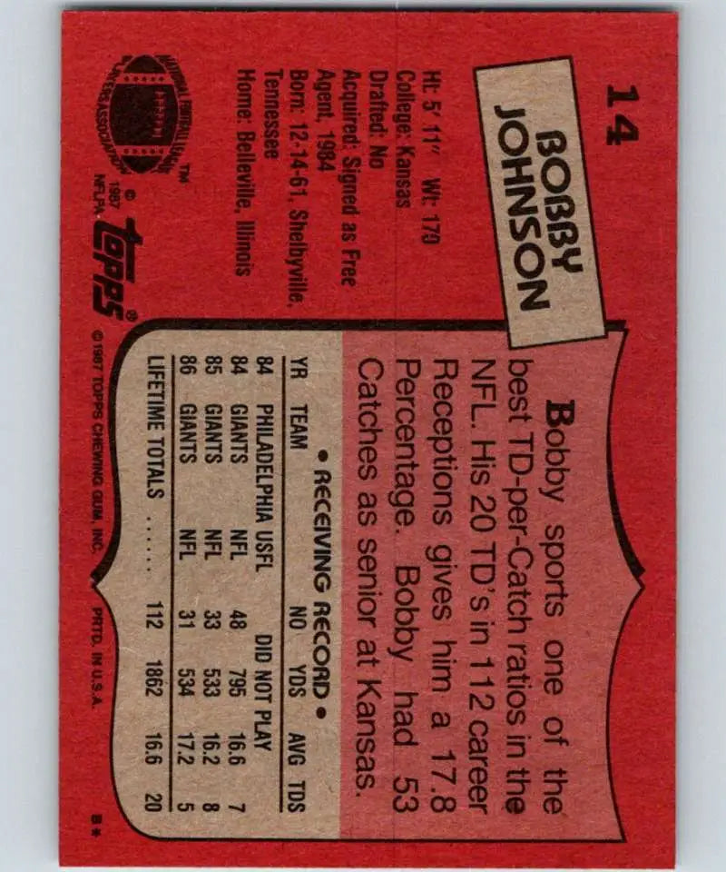 1987 Topps #14 Bobby Johnson EX Excellent New York Giants Football Card - Football Card Single