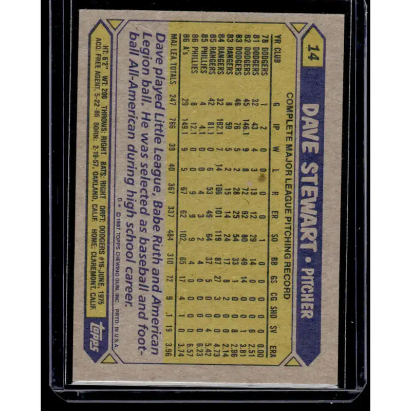 1987 Topps #14 Dave Stewart Oakland Athletics NM-MT Baseball Card - Baseball Card Single