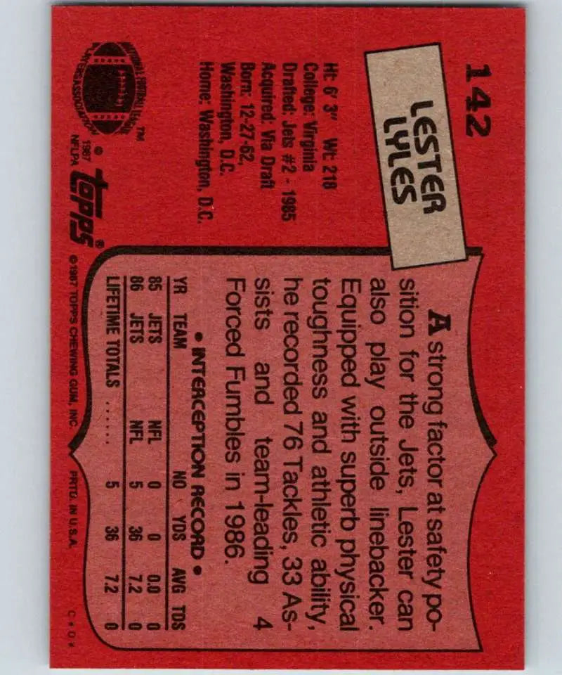 1987 Topps #142 Lester Lyles EX Excellent New York Jets Football Card - Football Card Single