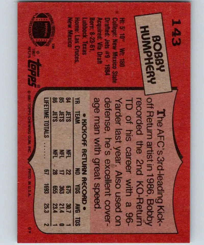 1987 Topps #143 Bobby Humphrey EX Excellent New York Jets Football Card - Football Card Single