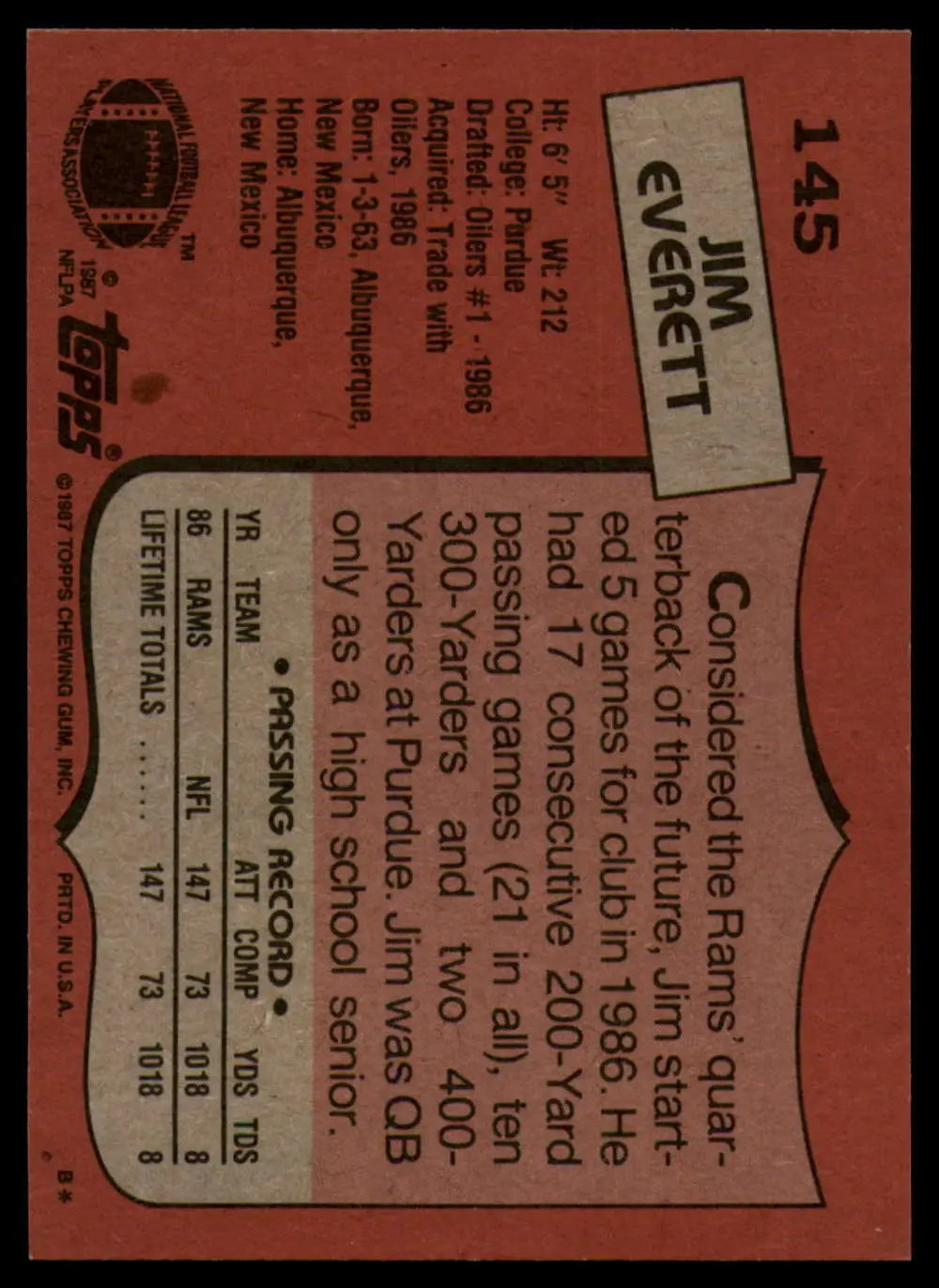 1987 Topps #145 Jim Everett EX Excellent RC Rookie Los Angeles Rams Football Card - Football Card Single