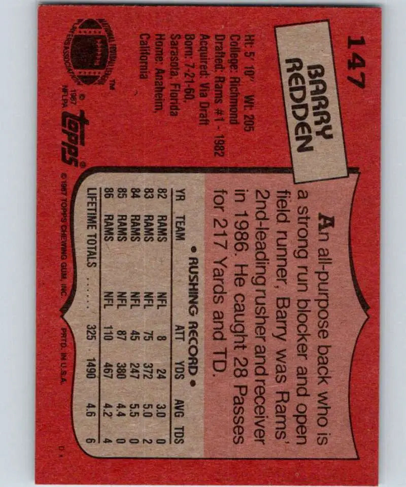 1987 Topps #147 Barry Redden EX Excellent Los Angeles Rams Football Card - Football Card Single