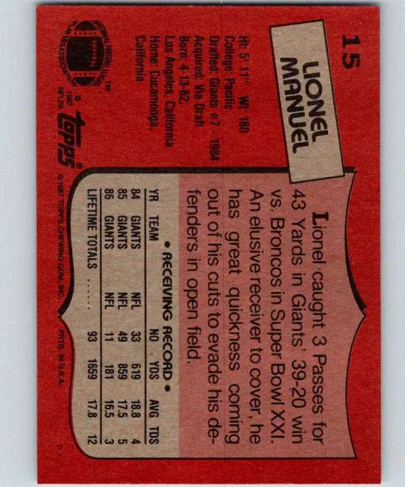 1987 Topps #15 Lionel Manuel EX Excellent New York Giants Football Card - Football Card Single