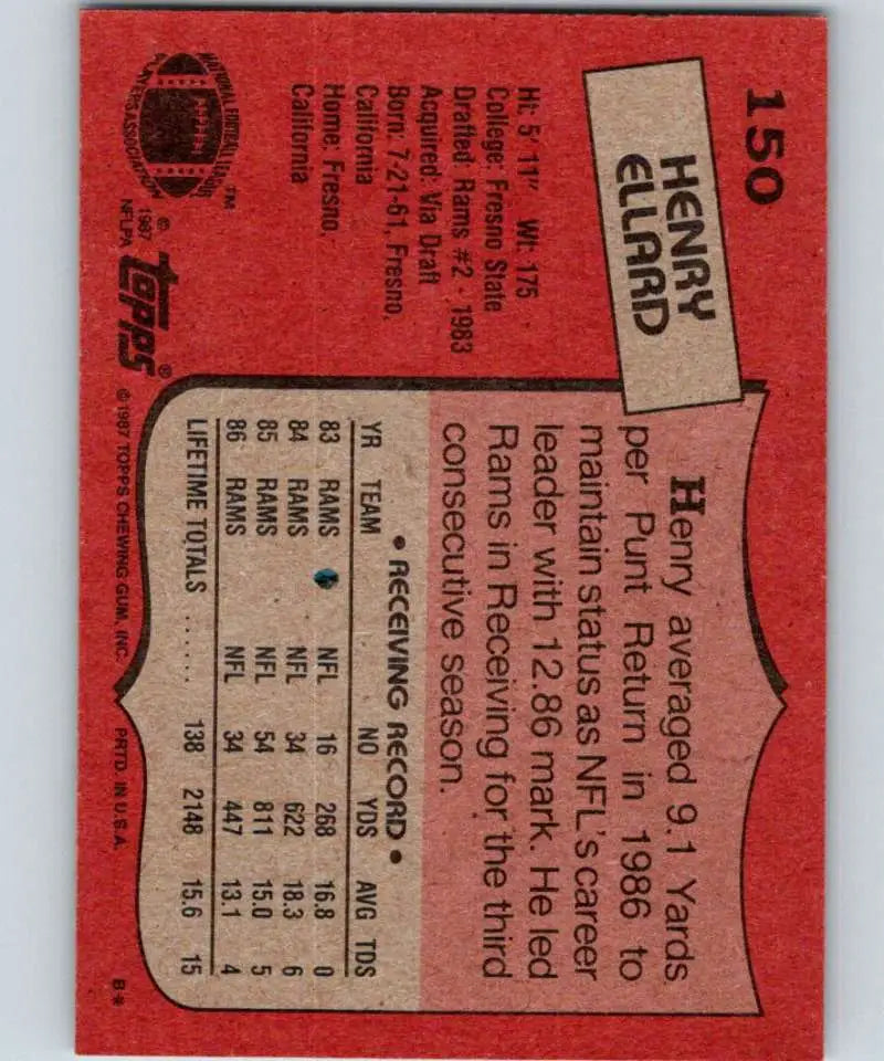 1987 Topps #150 Henry Ellard EX Excellent Los Angeles Rams Football Card - Football Card Single