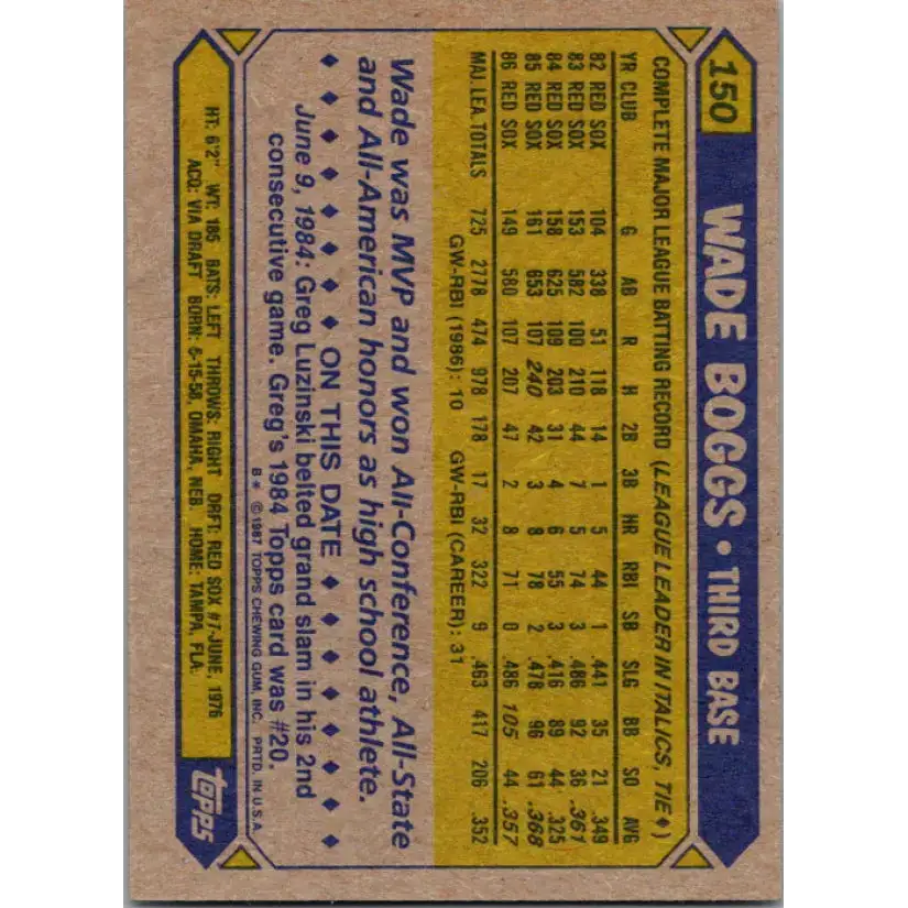 1987 Topps #150 Wade Boggs EX Excellent Boston Red Sox Baseball Card - Baseball Card Single