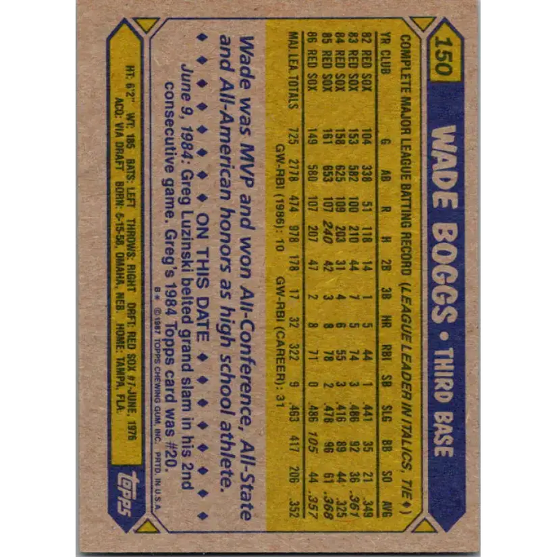1987 Topps #150 Wade Boggs EX Excellent Boston Red Sox Baseball Card - Baseball Card Single