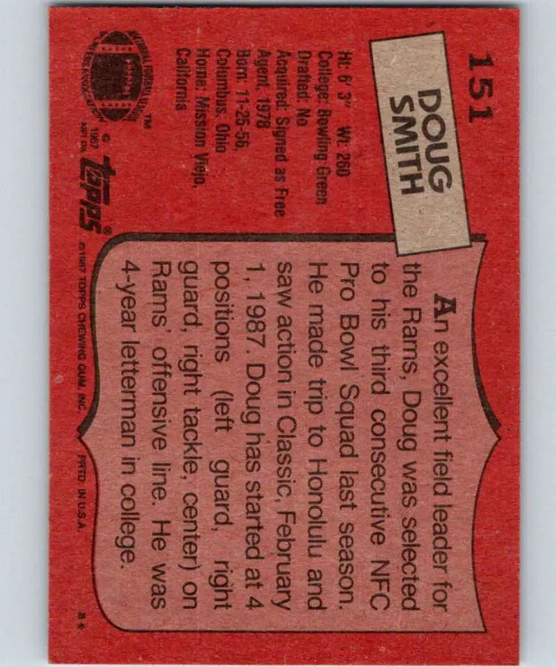 1987 Topps #151 Doug Smith EX Excellent Los Angeles Rams Football Card - Football Card Single