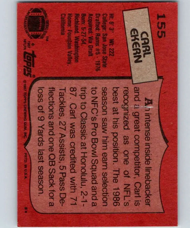 1987 Topps #155 Carl Ekern EX Excellent Los Angeles Rams Football Card - Football Card Single