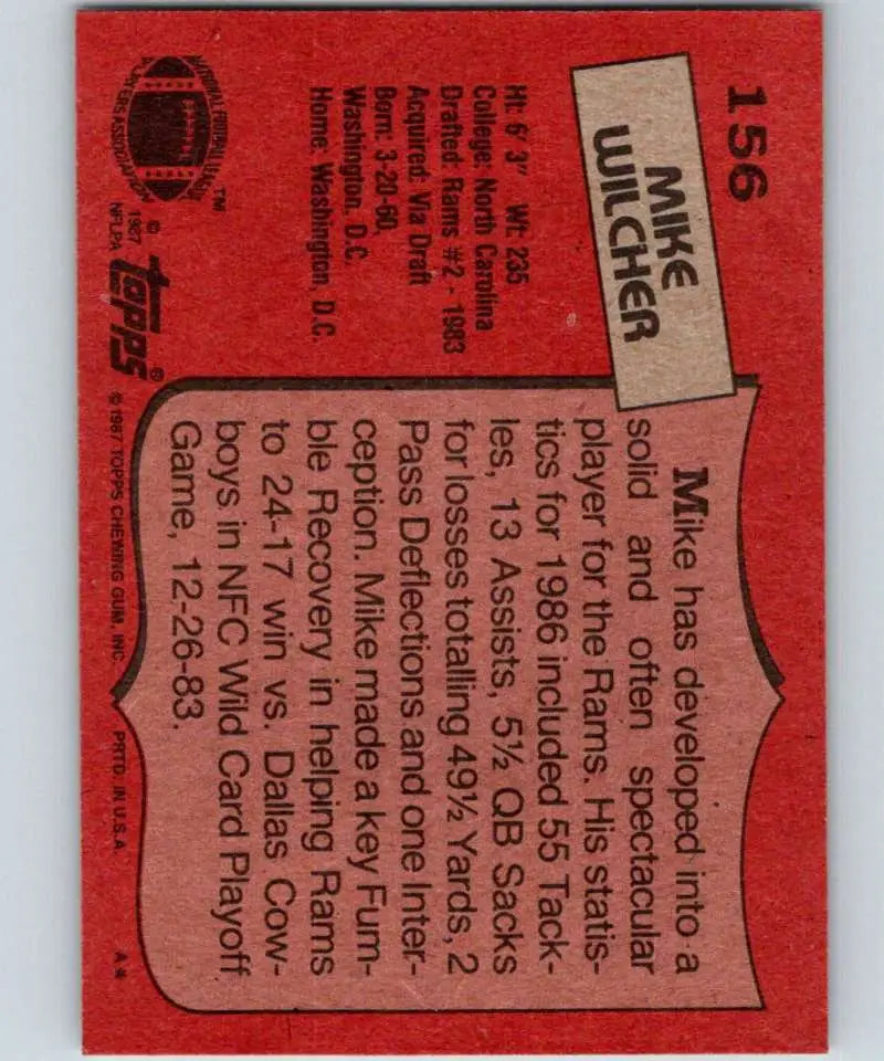 1987 Topps #156 Mike Wilcher EX Excellent Los Angeles Rams Football Card - Football Card Single