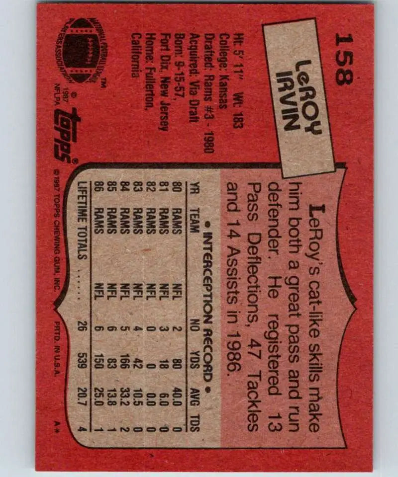 1987 Topps #158 LeRoy Irvin EX Excellent Los Angeles Rams Football Card - Football Card Single