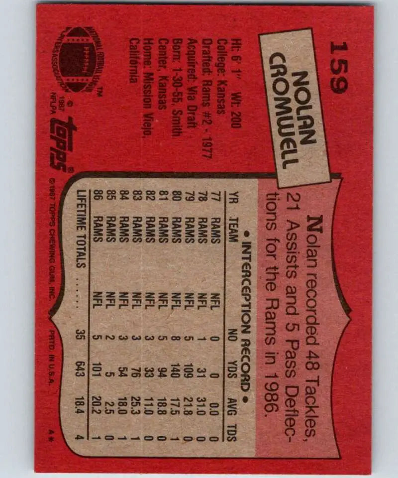 1987 Topps #159 Nolan Cromwell EX Excellent Los Angeles Rams Football Card - Football Card Single