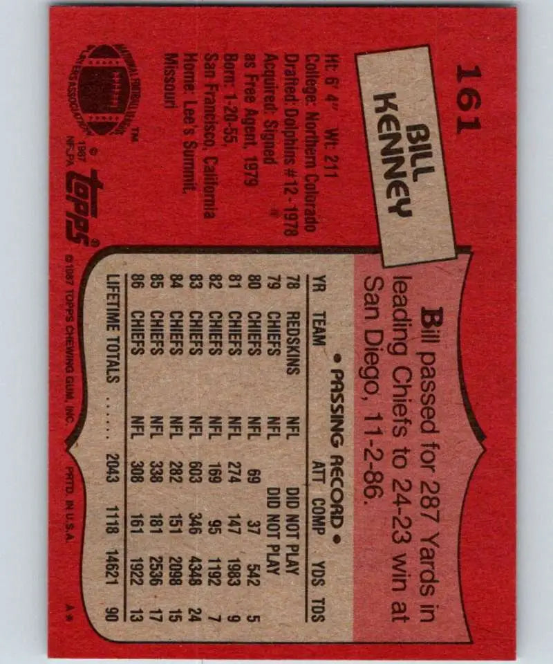 1987 Topps #161 Bill Kenney EX Excellent Kansas City Chiefs Football Card - Football Card Single