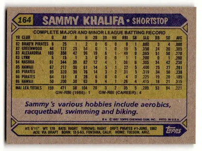 Sammy Khalifa Pittsburgh baseball card from 1987 Topps #164 Khalifa Pittsburgh Pirates