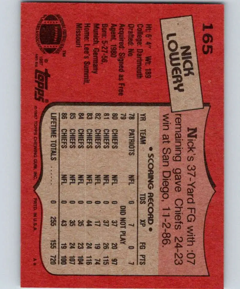 1987 Topps #165 Nick Lowery EX Excellent Kansas City Chiefs Football Card - Football Card Single